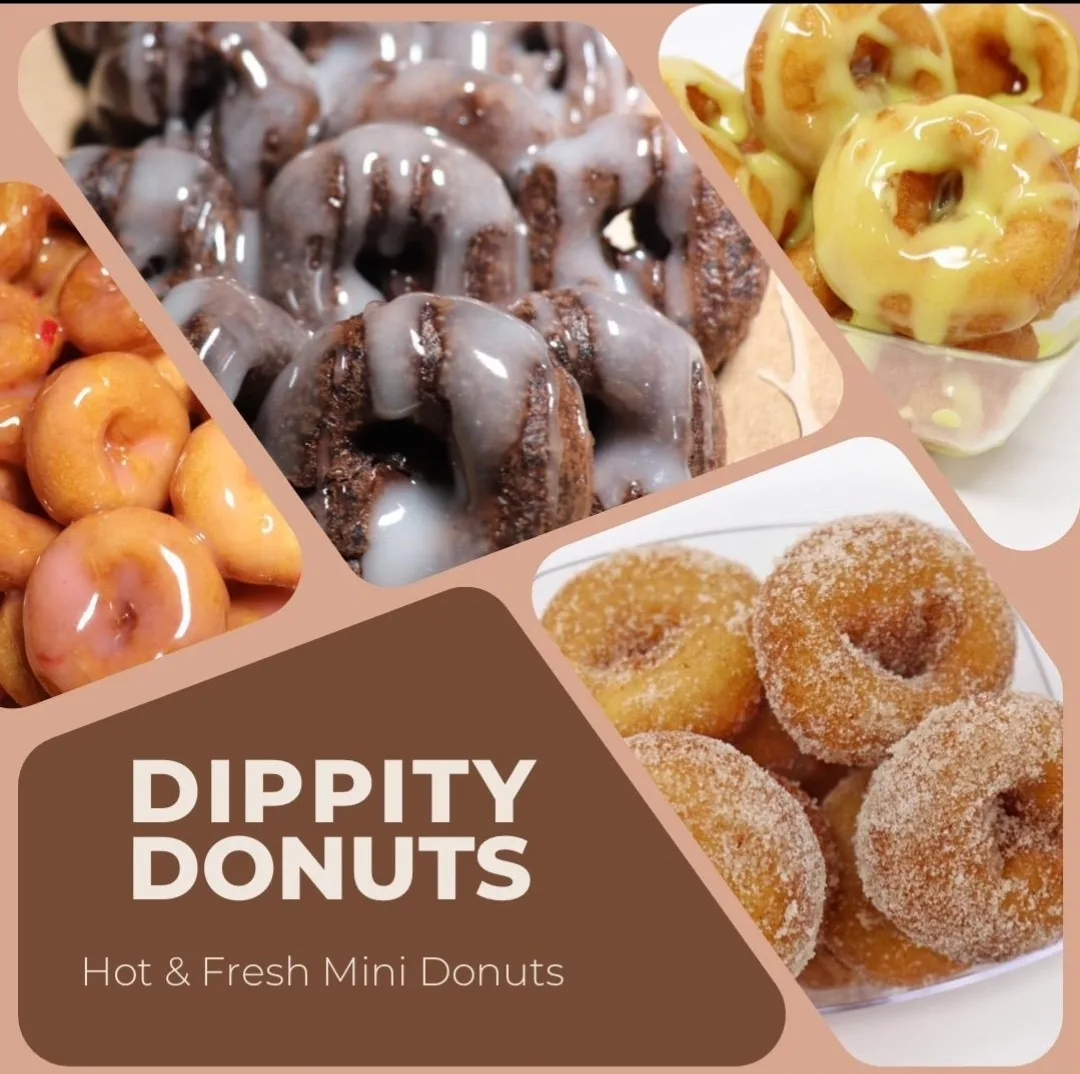 Collage of chocolate glazed, lemon glazed, pink glazed, and cinnamon sugar mini donuts with the caption Hot & Fresh Mini Donuts
