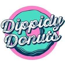 Dippidy Donuts logo with script lettering over a teal and pink donut