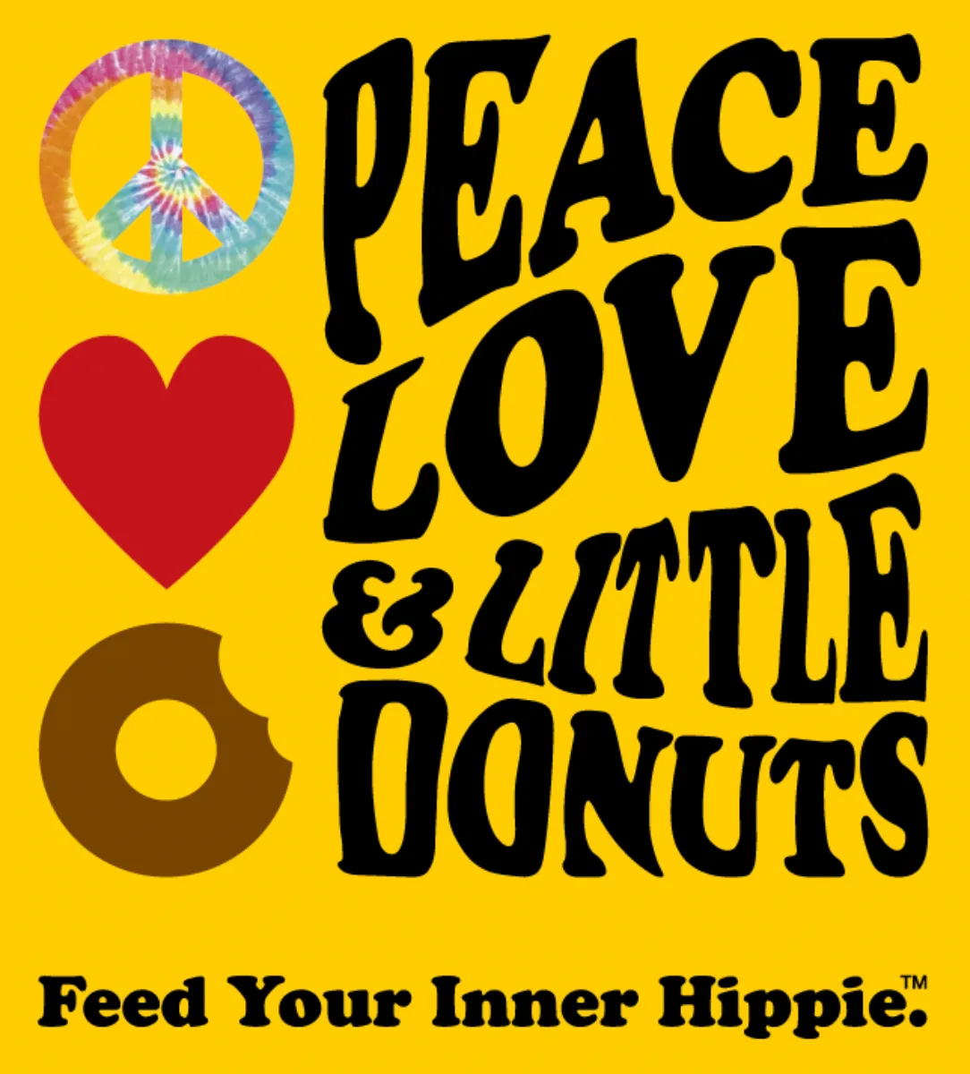 Peace, Love & Little Donuts logo with peace sign, heart, and donut icons and the tagline Feed Your Inner Hippie